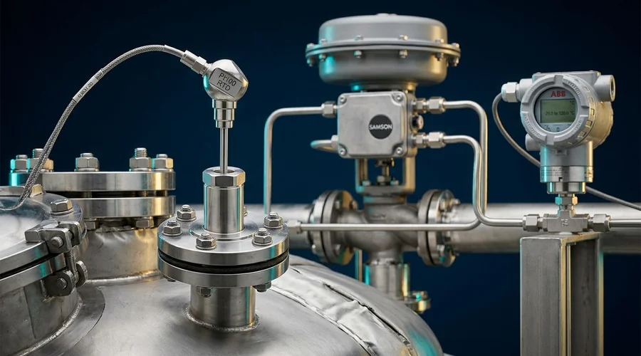 cascade temperature control process detail — RTD probe in a thermowell at a jacketed reactor nozzle with the jacket inlet control valve behind | Global Formulation
