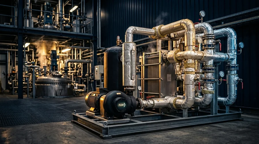 cascade temperature control production scene — thermal fluid heat-transfer skid with pumps, plate exchanger and insulated pipework serving a jacketed reactor | Global Formulation