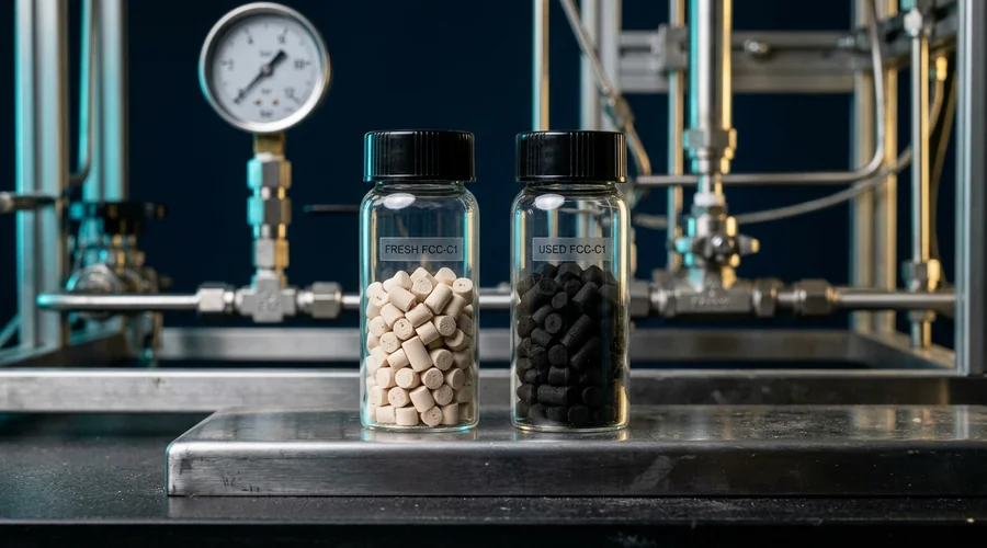 catalyst deactivation process detail — pale fresh and carbon-blackened used catalyst extrudates in paired glass vials | Global Formulation
