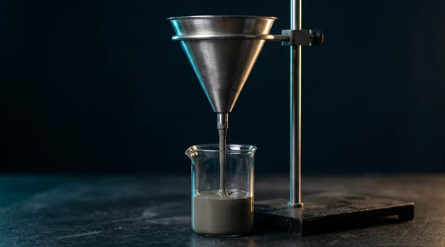 cement superplasticizer compatibility process diagram — marsh cone flow test with cement paste running into a beaker | Global Formulation