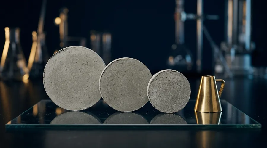 cement superplasticizer compatibility comparison infographic — mini slump paste spread patties of differing diameter on a dark plate | Global Formulation