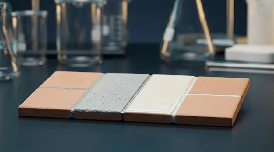 epoxy tile grout process diagram — a tile test panel with cementitious grout beside smooth epoxy grout | Global Formulation