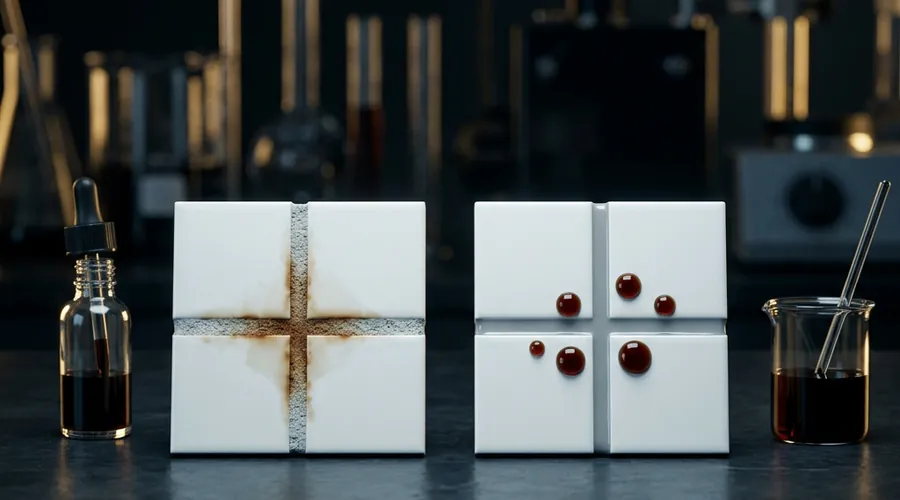 epoxy tile grout stain resistance comparison infographic — a stain soaking into cement grout beside droplets sitting on epoxy grout | Global Formulation