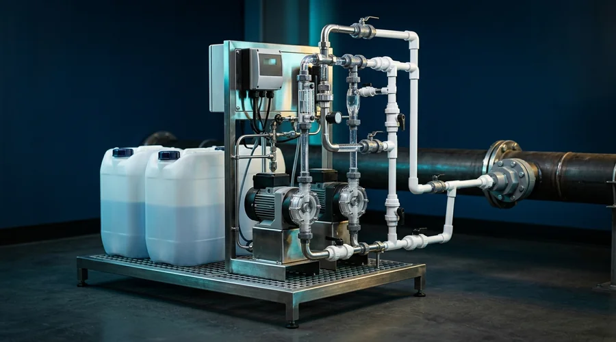 chlorine dioxide water treatment process diagram — chemical dosing skid with precursor drums and injection pipework | Global Formulation
