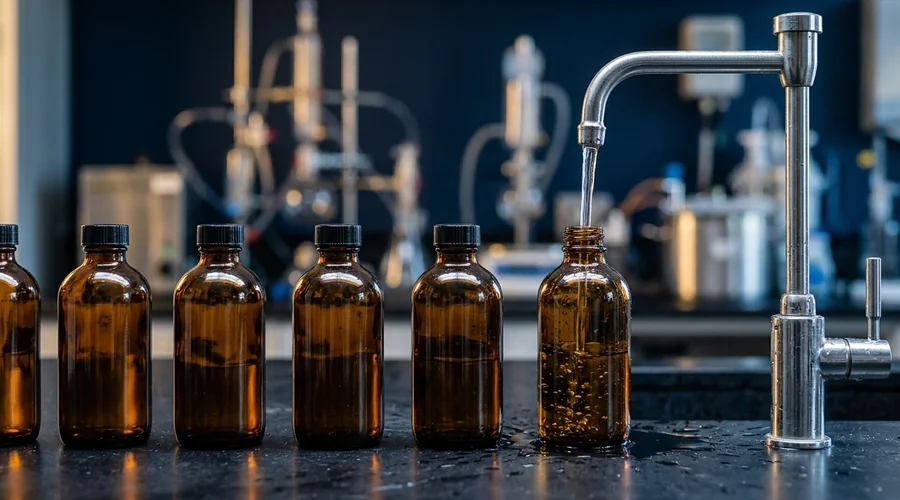 chlorine dioxide water treatment comparison infographic — amber glass sampling bottles of treated water on a dark laboratory bench | Global Formulation