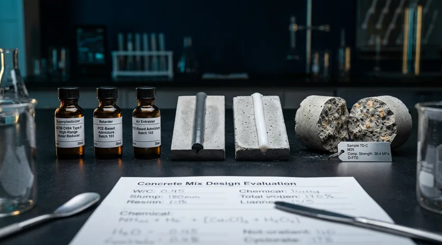 construction chemicals formulation consulting process diagram — admixture and sealant sample lineup under evaluation on a dark laboratory bench | Global Formulation diagram