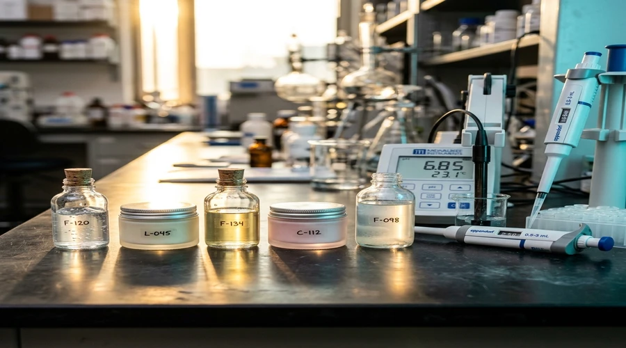 cosmetic formulation consulting process diagram — indie beauty prototype lineup under evaluation on a dark laboratory bench | Global Formulation diagram