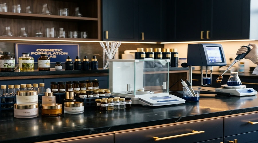 cosmetic formulation consultant comparison infographic — cream jar samples beside pH meter and stability vials on a laboratory bench | Global Formulation infographic