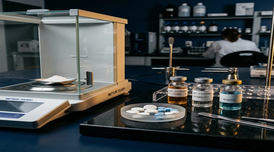pharmaceutical formulation consulting process diagram — tablet and capsule samples beside stability vials on a dark laboratory bench | Global Formulation diagram