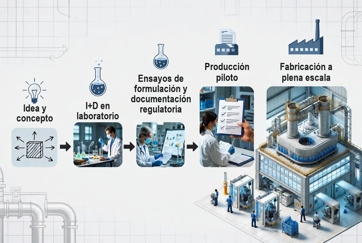 Diagrama del ciclo de desarrollo de producto en cinco etapas: idea y concepto, I+D en laboratorio, ensayos de formulación y documentación regulatoria, producción piloto y fabricación a plena escala