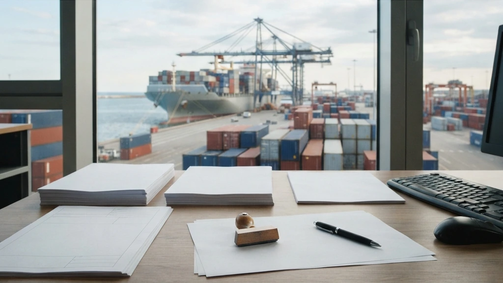 Escritorio con documentos en blanco, un sello y un teclado frente a una ventana con vista a un puerto de contenedores y a un buque portacontenedores