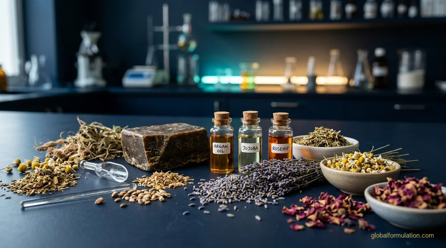 natural ingredient sourcing cosmetic — dried botanicals, plant oils, and a beeswax block arranged on a laboratory bench | Global Formulation