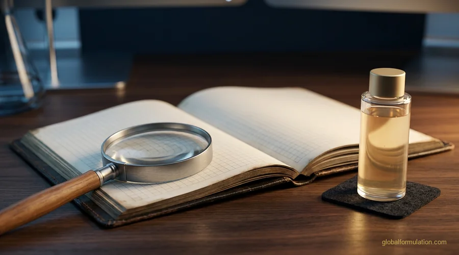 cosmetic claim substantiation documentation — an open lab notebook and magnifying glass beside a cosmetic bottle on a desk | Global Formulation