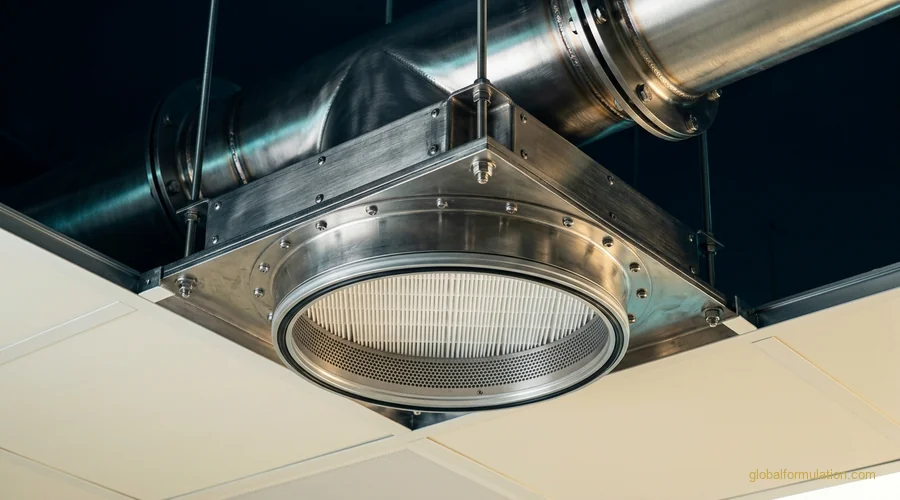 HVAC HEPA filtration unit above a pharmaceutical cleanroom ceiling grid | Global Formulation diagram