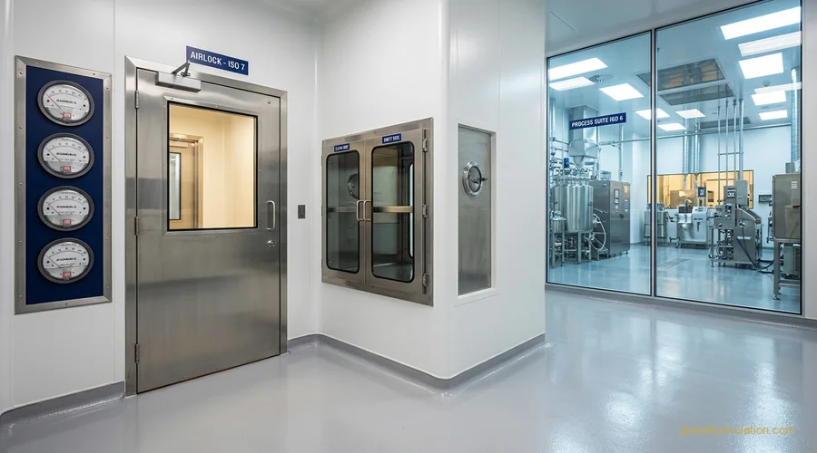 pharmaceutical facility layout walkthrough with quality team reviewing cleanroom construction | Global Formulation infographic