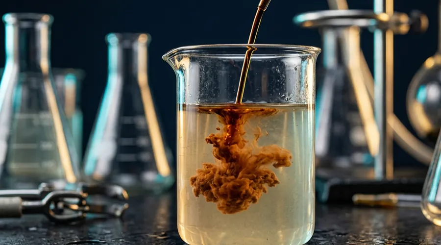 coagulant selection water treatment process diagram — amber ferric chloride solution forming floc in a beaker of turbid water | Global Formulation