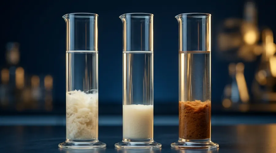 coagulant selection water treatment comparison infographic — settled floc blankets of different colour and density in three glass cylinders | Global Formulation
