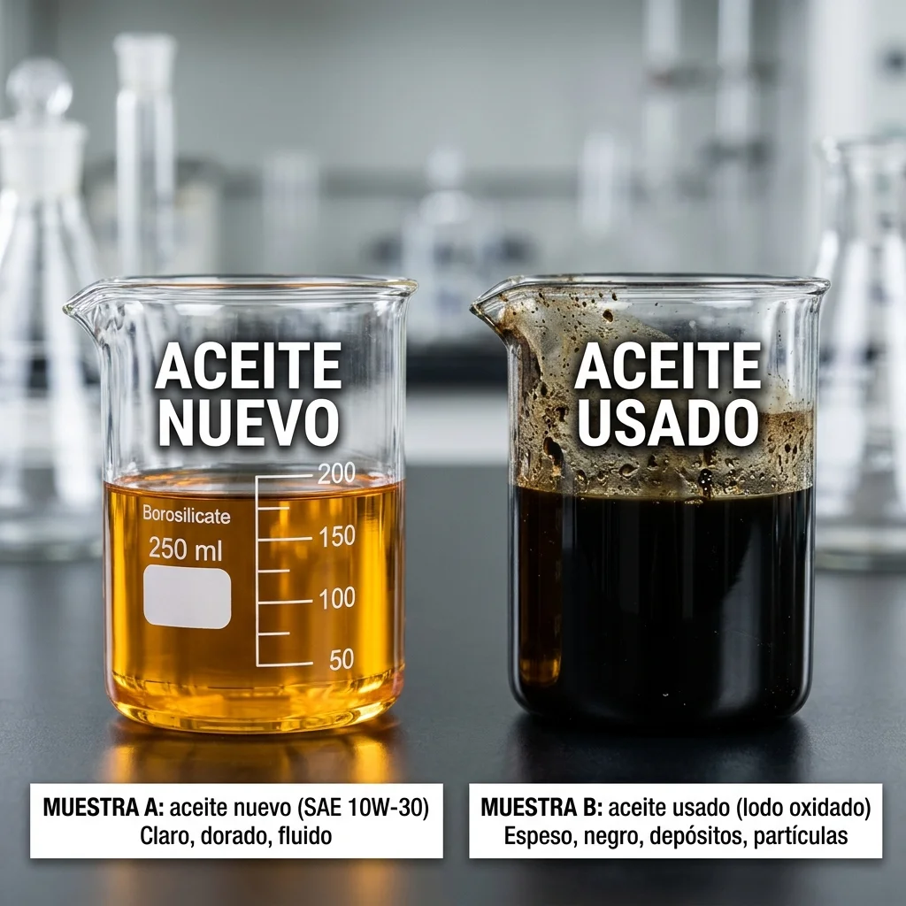 Dos vasos de precipitados de 250 ml: a la izquierda aceite nuevo, dorado y fluido; a la derecha aceite usado, negro y espeso, con lodo y depósitos