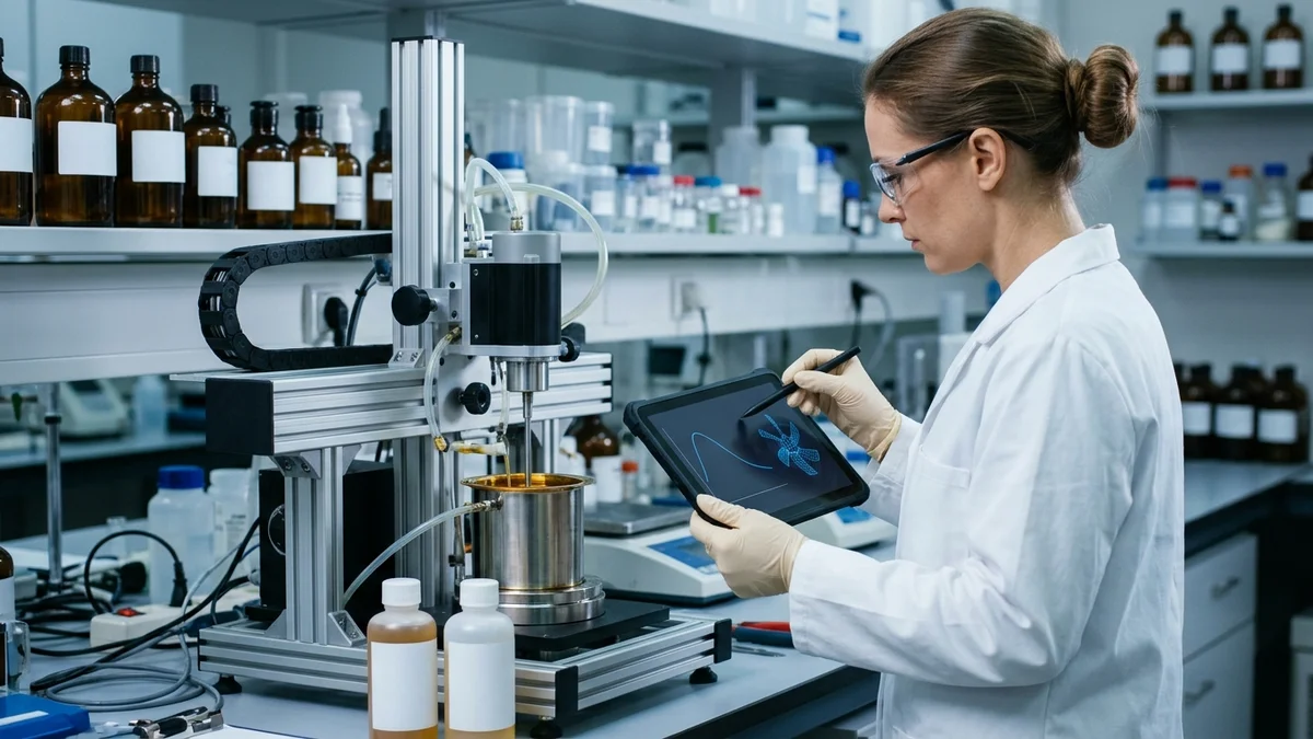 Química de bata blanca y guantes junto a un equipo automatizado de ensayo de viscosidad; en su pantalla táctil se ve una gráfica de viscosidad frente a temperatura