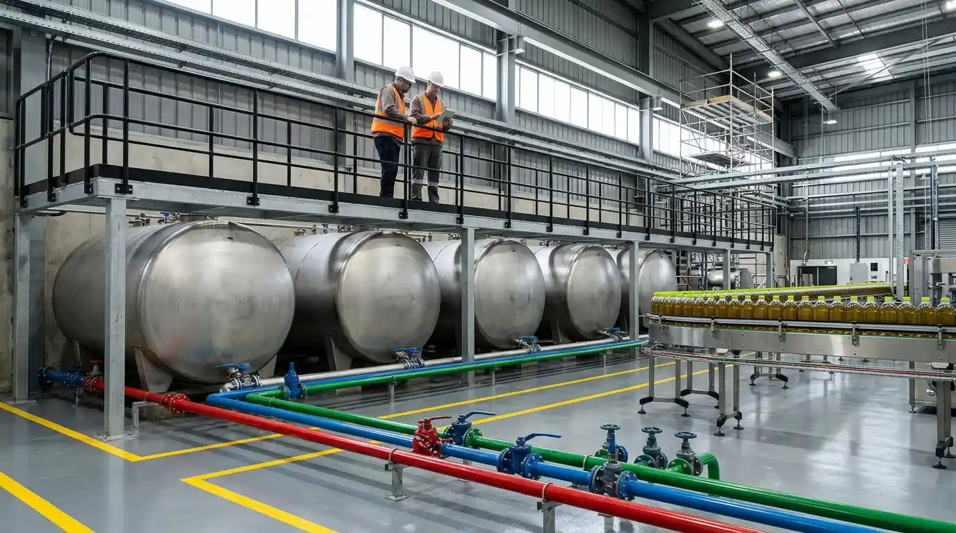 Nave industrial de mezclado de lubricantes con tanques cilíndricos de acero, tuberías de colores, una pasarela con dos operarios y una línea de envasado al fondo