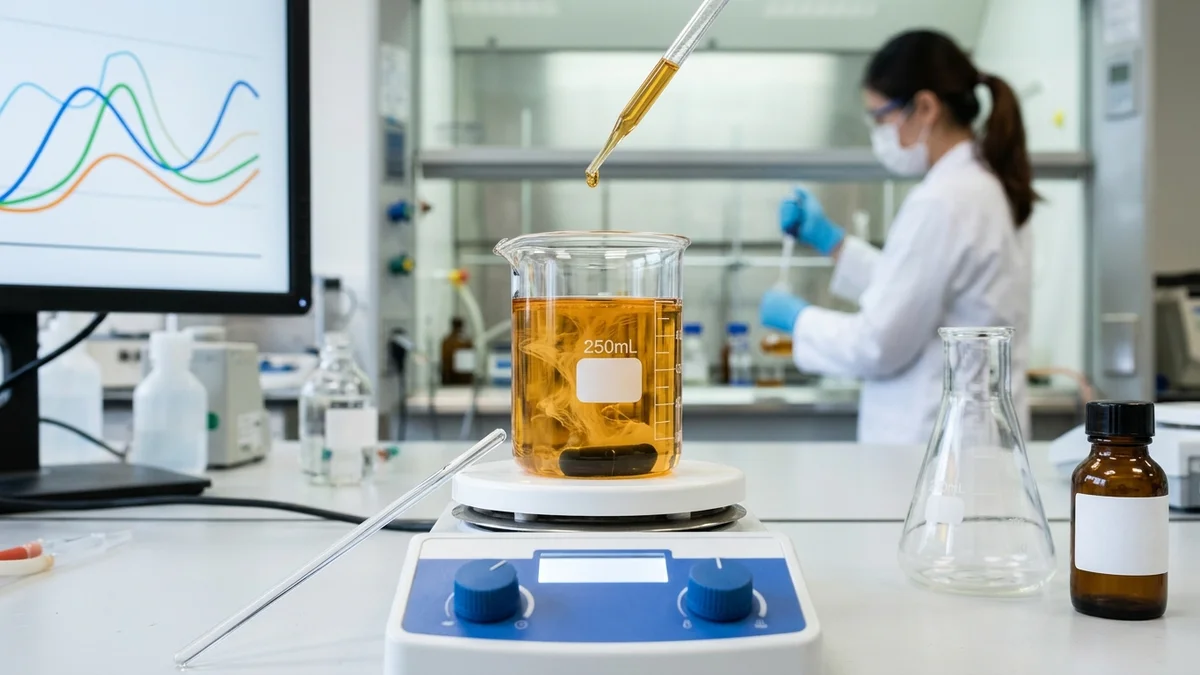 Vaso de precipitados con aceite ámbar en agitación sobre una placa magnética; remolinos blancos y turbios indican aditivo mal disuelto