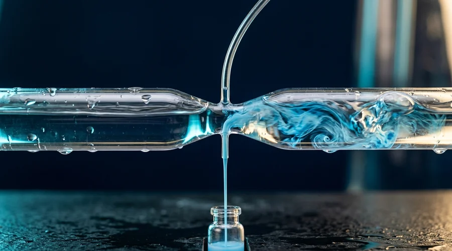 proportioning dispenser cleaning chemical — a cutaway venturi eductor drawing coloured concentrate into a clear water stream through a metering tip | Global Formulation diagram