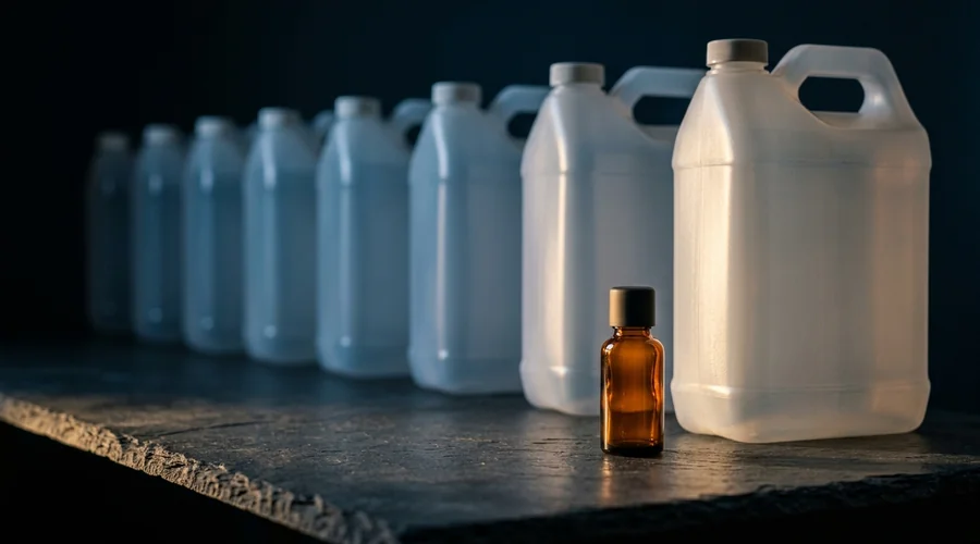 concentrate cleaning cost savings — a single small concentrate bottle beside a row of large ready-to-use jugs it replaces, on a dark editorial bench | Global Formulation infographic
