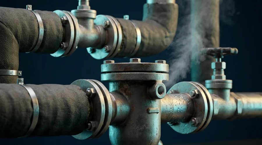 condensate corrosion control amines process diagram — steam trap and condensate return pipework in an industrial plant room | Global Formulation