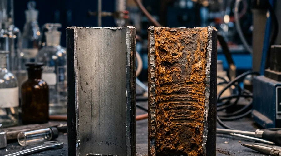 condensate corrosion control amines comparison infographic — clean versus corroded condensate pipe sections side by side | Global Formulation