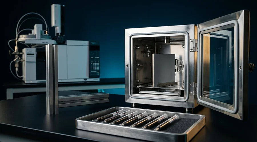 VOC content and emission testing process diagram — stainless steel emission test chamber with a coated board sample and sorbent tubes | Global Formulation