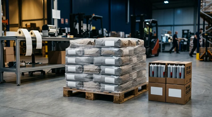 construction chemical CE marking comparison infographic — palletized dry-mix bags and sealant cartridge cartons with blank product labels | Global Formulation