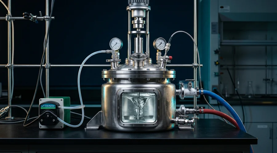 construction chemical scale-up process diagram — pilot-scale jacketed reactor with metering pump and temperature probe on a dark bench | Global Formulation