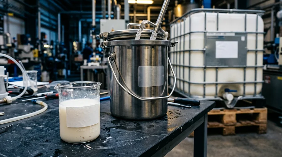 construction chemical scale-up comparison infographic — construction-chemical product samples staged from lab beaker to pilot drum to plant tote on a dark bench | Global Formulation