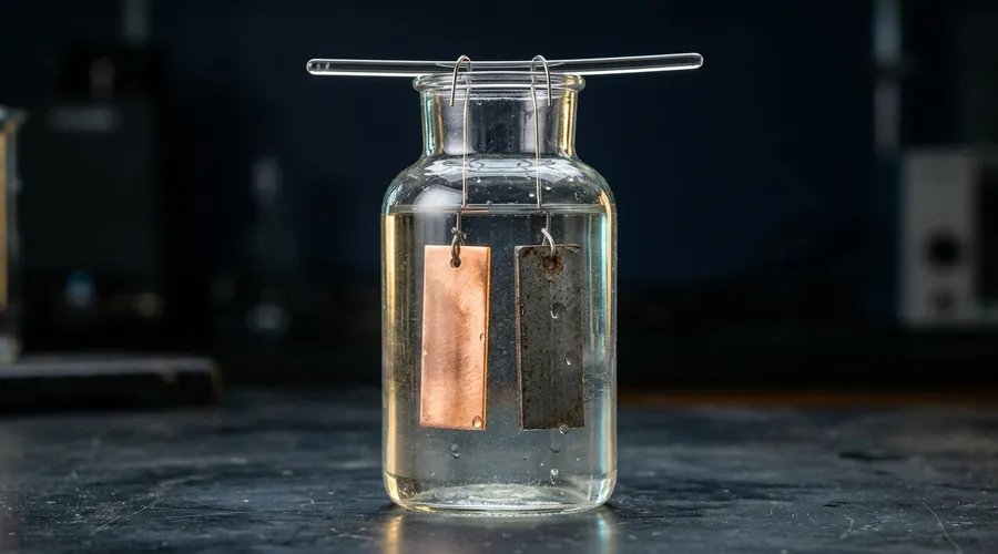 cooling water corrosion inhibitor process diagram — copper and steel coupons suspended in a glass corrosion test cell | Global Formulation