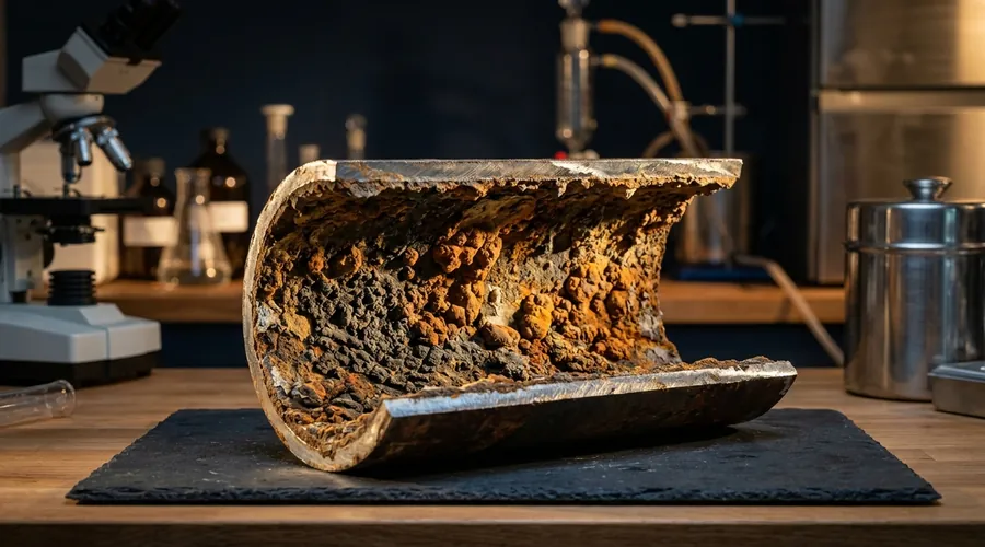 cooling water corrosion inhibitor comparison infographic — rust tubercles on a pipe interior section under raking light | Global Formulation