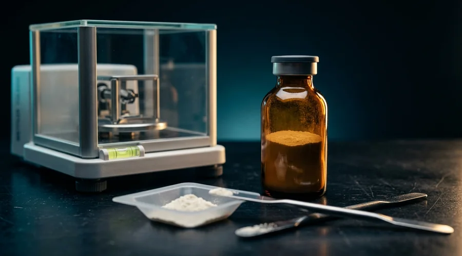 pharmaceutical-grade active ingredient for cosmeceutical formulation — amber glass vial of powdered active beside an analytical balance | Global Formulation
