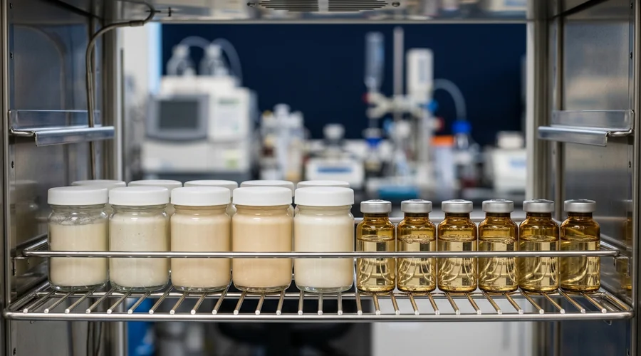 cosmeceutical stability testing comparison — cream and serum samples in glass jars and vials arranged for accelerated stability evaluation | Global Formulation