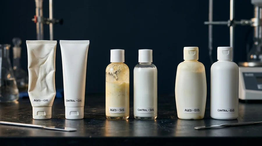 cosmetic packaging compatibility comparison infographic — aged tube and bottle samples showing panelling and discolouration on a dark bench | Global Formulation