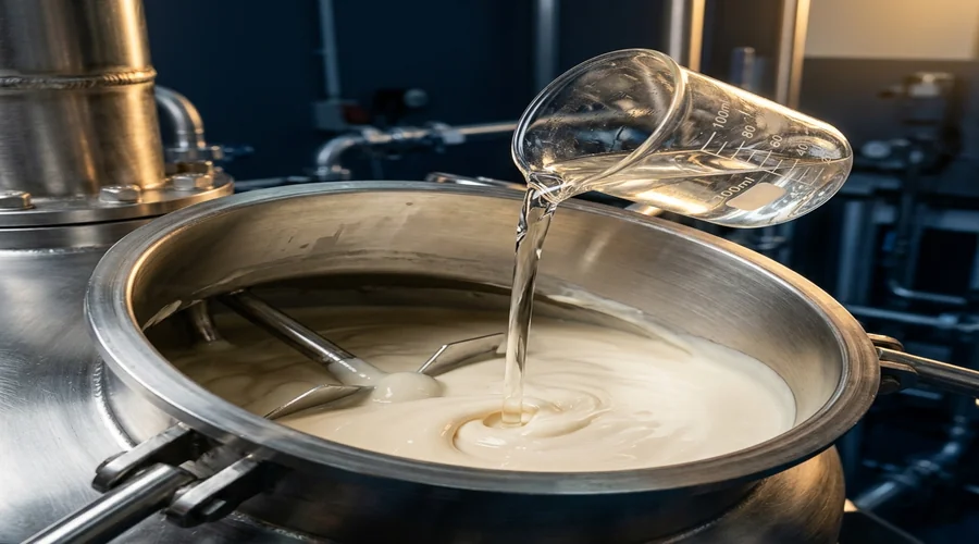 preservative blend addition — liquid preservative being dosed into a cosmetic cream batch during manufacturing | Global Formulation