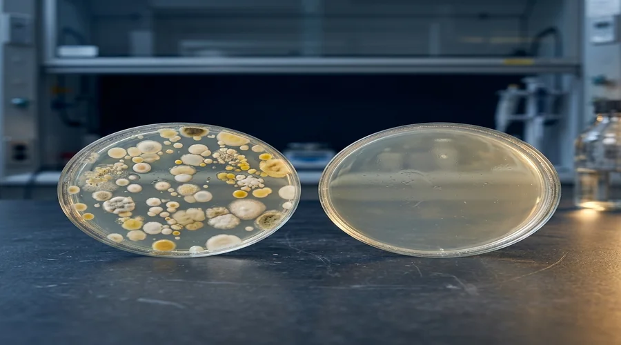 microbial growth comparison plates — side by side agar plates showing preserved versus unpreserved cosmetic sample contamination | Global Formulation