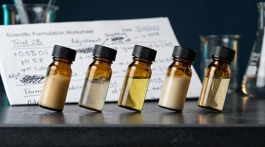 cosmetic formulation iteration samples in amber glass vials under laboratory lighting | Global Formulation