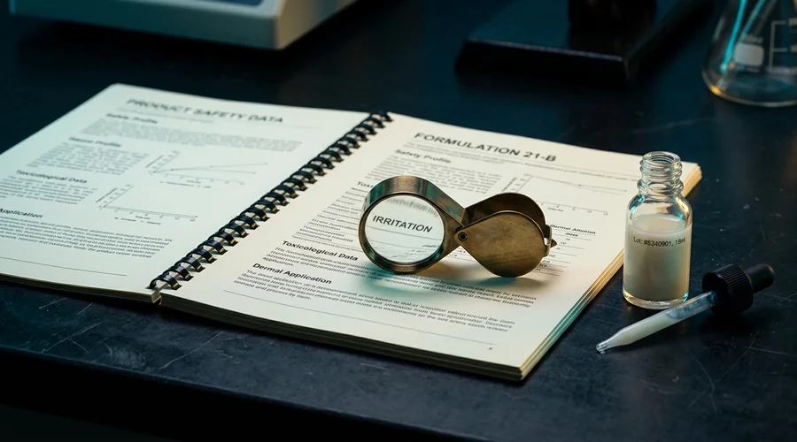 cosmetic product safety report documentation — a bound safety assessment report open beside a cosmetic formulation sample and pipette on a laboratory bench | Global Formulation
