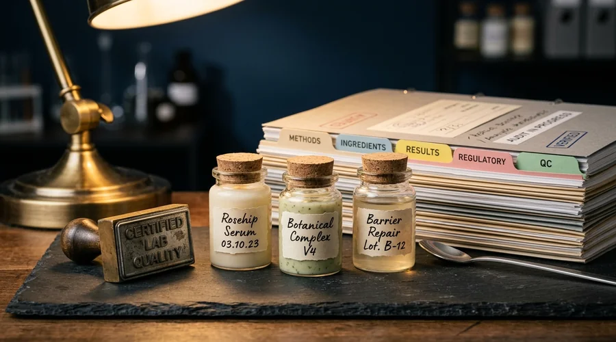 cosmetic ingredient restriction list comparison — three cosmetic sample jars with ingredient labels beside a certification stamp and safety documents on a review desk | Global Formulation