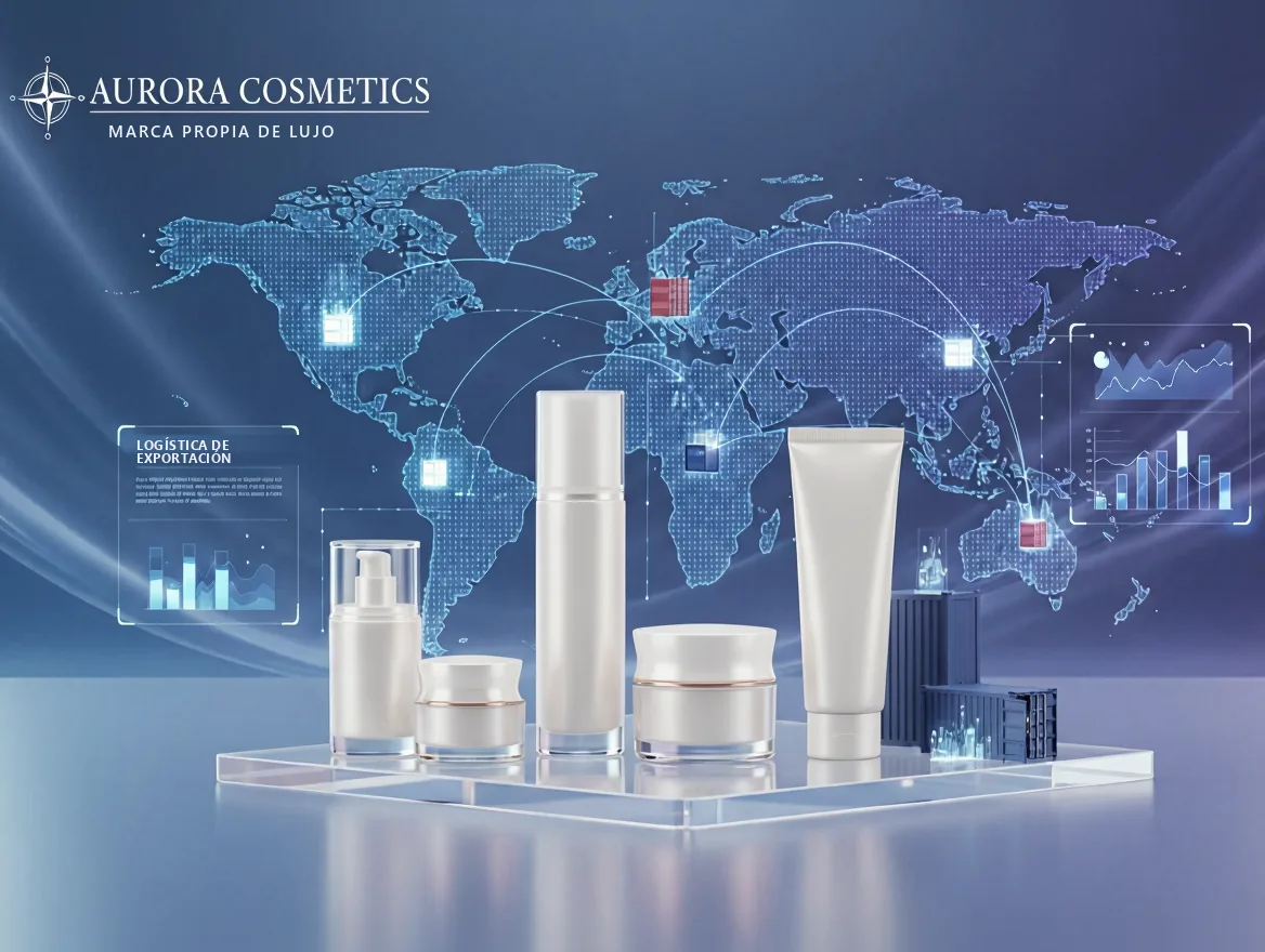 Frascos y tarros de cosméticos de alta gama de marca propia frente a un mapa mundial de logística de exportación