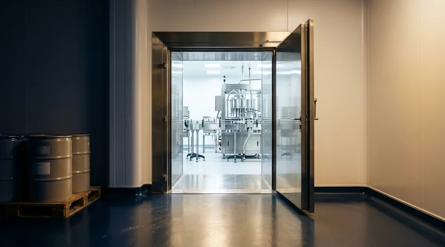 cosmetic plant facility design process diagram — a stainless pass-through hatch between a raw material store and a clean processing room, sealed drums on one side and a filling line visible through the opening | Global Formulation diagram