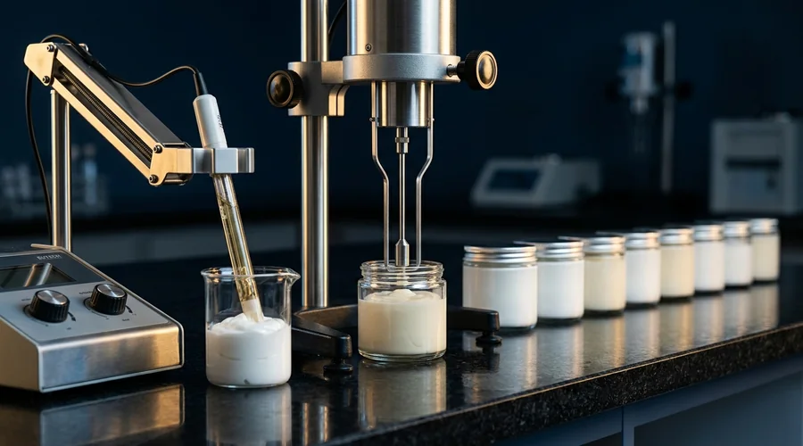 cosmetic plant quality control lab comparison infographic — a QC bench with a calibrated pH meter, a rotational viscometer and sealed retention-sample jars of finished cream lined up on a dark laboratory surface | Global Formulation infographic