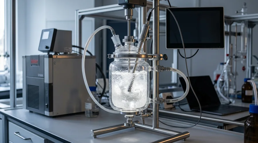 crystallisation process detail — macro view of white crystalline solids suspended in mother liquor in a jacketed glass vessel | Global Formulation