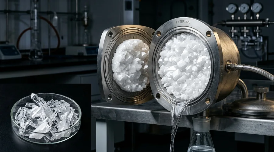 crystallisation production scene — nutsche filter dryer and crystalliser vessel with stainless pipework on a production floor | Global Formulation