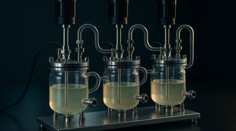 CSTR vs PFR process detail — a small continuous stirred tank reactor cascade with three vessels linked by overflow lines on a skid | Global Formulation