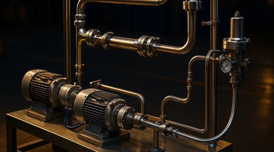 CSTR vs PFR production scene — a continuous processing skid with feed pumps, static mixer and back-pressure regulator under industrial lighting | Global Formulation